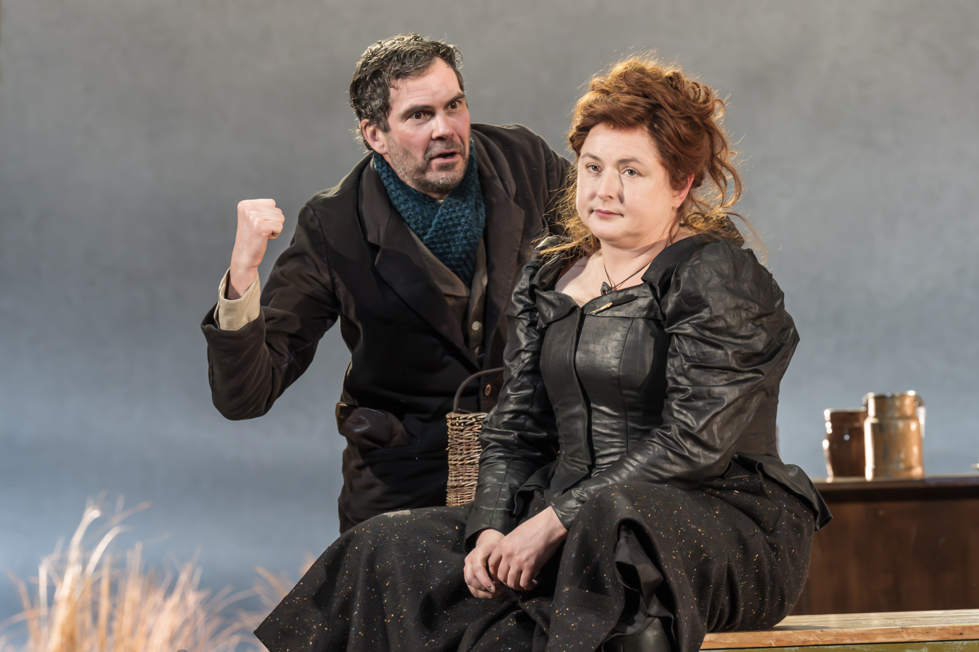 Marty Rea (Shawn Keogh) and Siobhán McSweeney (Widow Quin) in The Playboy of the Western World at the National Theatre. (c) Marc Brenner 02663